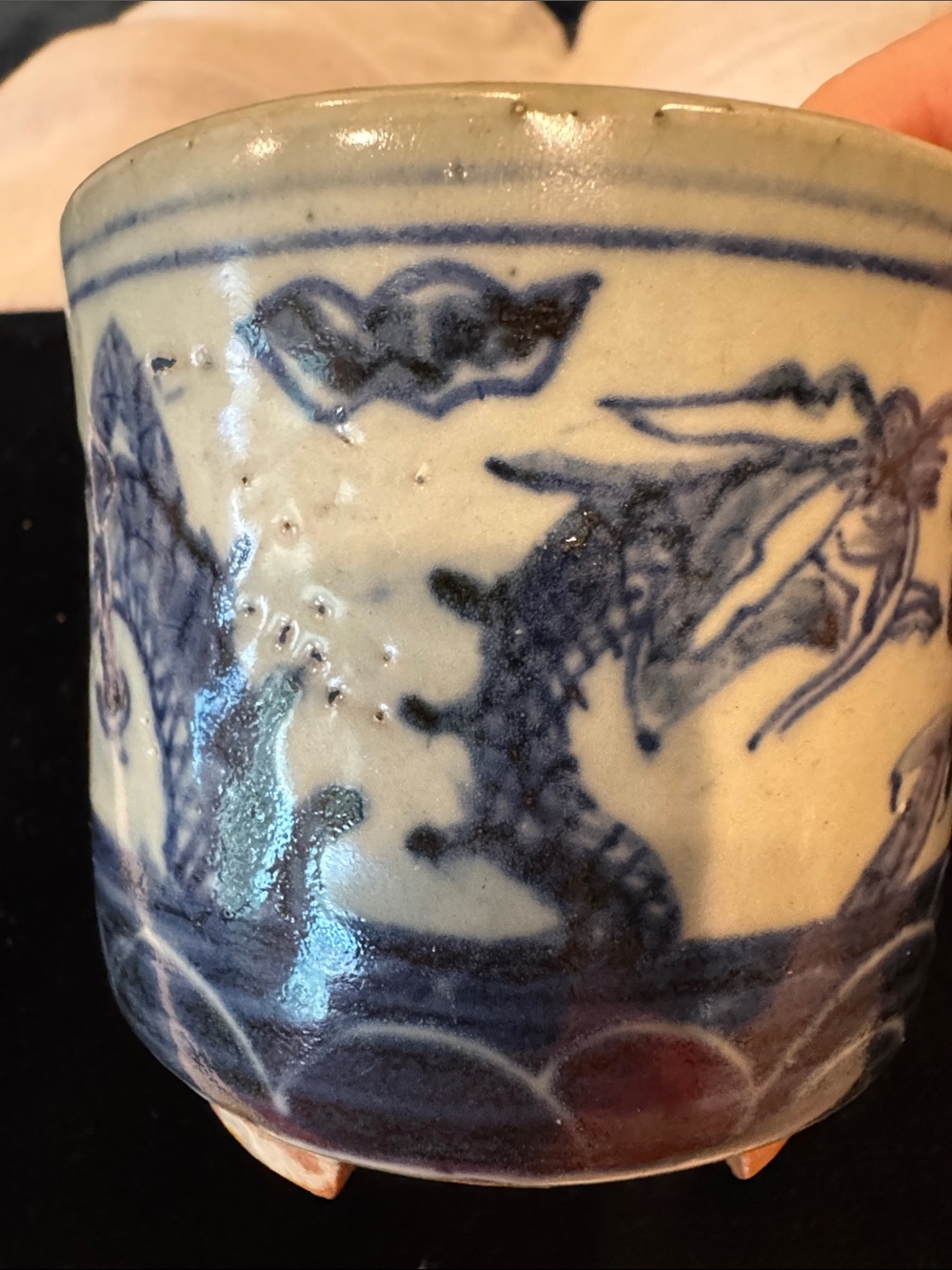 Blue and Gray Dragon Vintage Chinese Tripod Censer/Planter/Brush Pot
